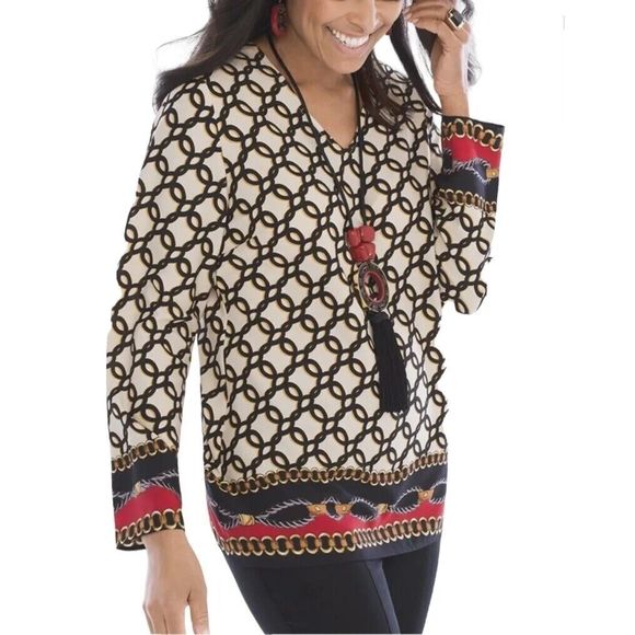 Chico's Blouse Sz 1 Sz M Sz 8 Status Frame Cutout Tunic Bohemian Lagenlook Retro - Picture 5 of 13